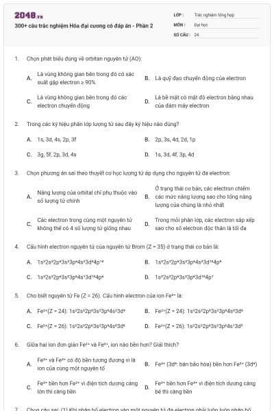 300+ câu trắc nghiệm Hóa đại cương có đáp án - Phần 2