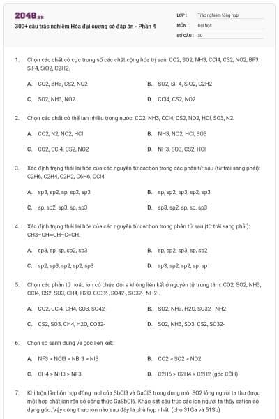 300+ câu trắc nghiệm Hóa đại cương có đáp án - Phần 4