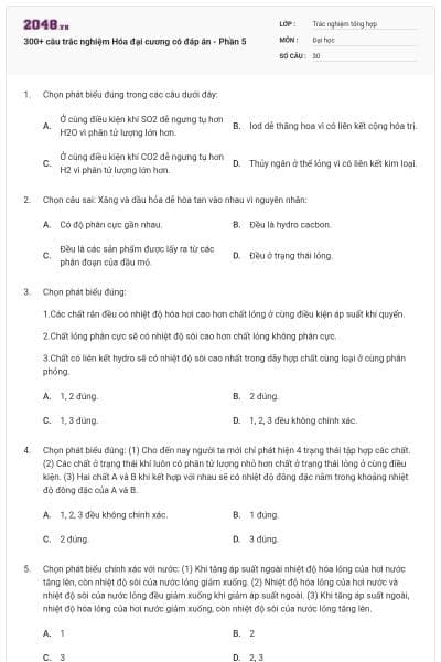 300+ câu trắc nghiệm Hóa đại cương có đáp án - Phần 5