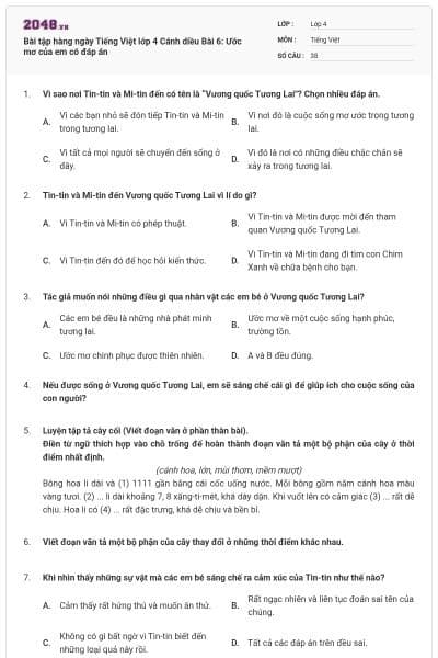 Bài tập hàng ngày Tiếng Việt lớp 4 Cánh diều Bài 6: Ước mơ của em có đáp án