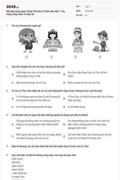 Bài tập hàng ngày Tiếng Việt lớp 4 Cánh diều Bài 7: Họ hàng, làng xóm có đáp án