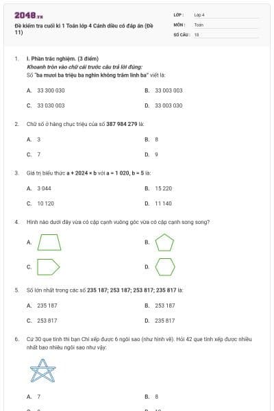 Đề kiểm tra cuối kì 1 Toán lớp 4 Cánh diều có đáp án (Đề 11)