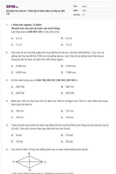 Đề kiểm tra cuối kì 1 Toán lớp 4 Cánh diều có đáp án (Đề 13)