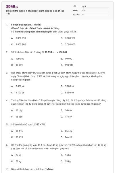 Đề kiểm tra cuối kì 1 Toán lớp 4 Cánh diều có đáp án (Đề 14)