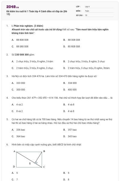 Đề kiểm tra cuối kì 1 Toán lớp 4 Cánh diều có đáp án (Đề 15)