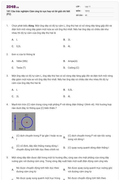 181 Câu trắc nghiệm Cảm ứng từ cực hay có lời giải chi tiết (P2)
