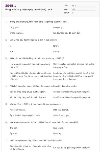 Ôn tập kiểm tra lý thuyết vật lý 10(có đáp án) - đề 3