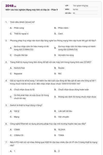 400+ câu trắc nghiệm Mạng máy tính có đáp án - Phần 9