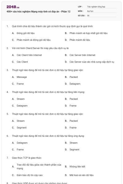 400+ câu trắc nghiệm Mạng máy tính có đáp án - Phần 12