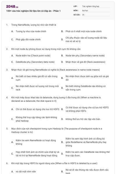 100+ câu trắc nghiệm Dữ liệu lớn có đáp án - Phần 1