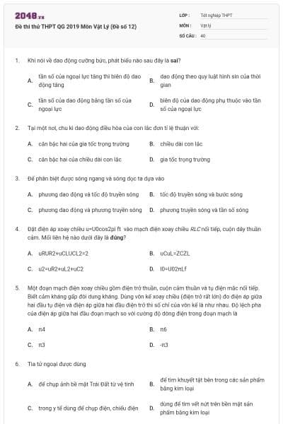 Đề thi thử THPT QG 2019 Môn Vật Lý (Đề số 12)