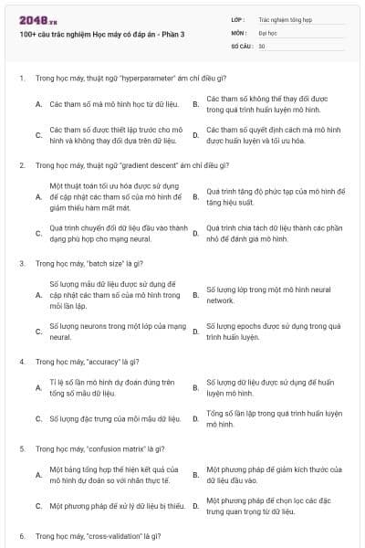 100+ câu trắc nghiệm Học máy có đáp án - Phần 3