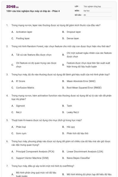 100+ câu trắc nghiệm Học máy có đáp án - Phần 4