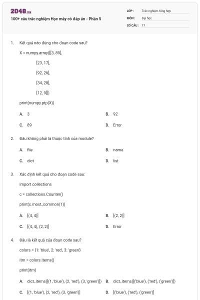 100+ câu trắc nghiệm Học máy có đáp án - Phần 5