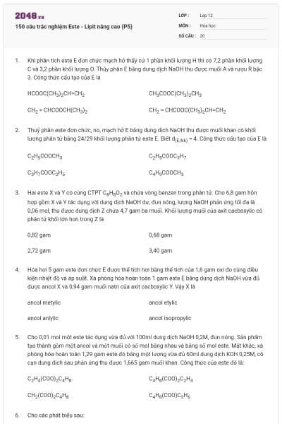 150 câu trắc nghiệm Este - Lipit nâng cao (P5)