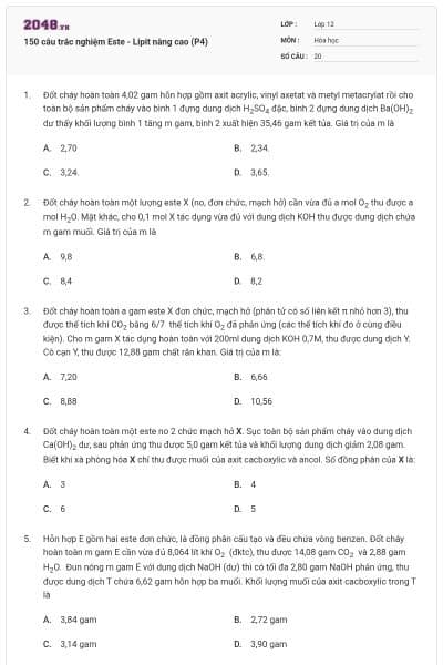 150 câu trắc nghiệm Este - Lipit nâng cao (P4)