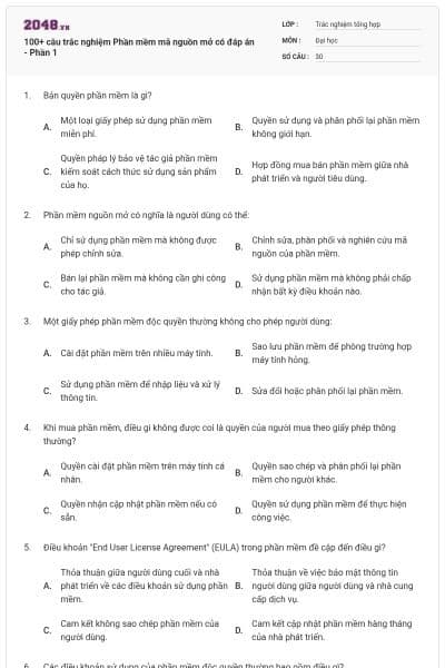 100+ câu trắc nghiệm Phần mềm mã nguồn mở có đáp án - Phần 1