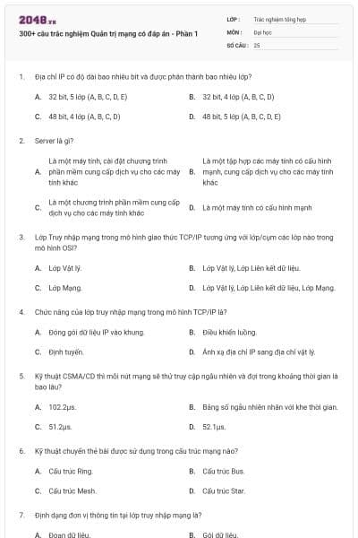 300+ câu trắc nghiệm Quản trị mạng có đáp án - Phần 1