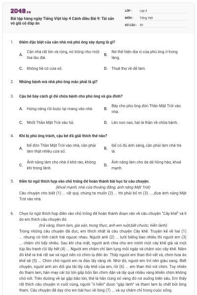 Bài tập hàng ngày Tiếng Việt lớp 4 Cánh diều Bài 9: Tài sản vô giá có đáp án