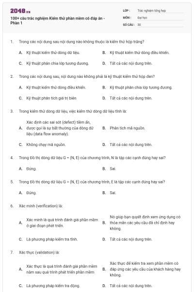 100+ câu trắc nghiệm Kiểm thử phần mềm có đáp án - Phần 1