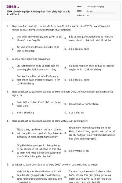 100+ câu trắc nghiệm Kỹ năng thực hành pháp luật có đáp án - Phần 1