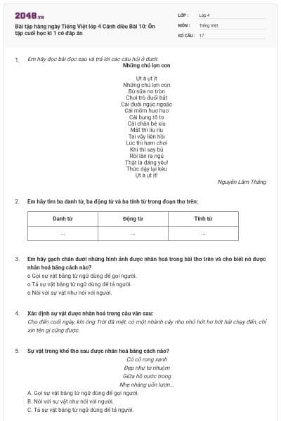 Bài tập hàng ngày Tiếng Việt lớp 4 Cánh diều Bài 10: Ôn tập cuối học kì 1 có đáp án