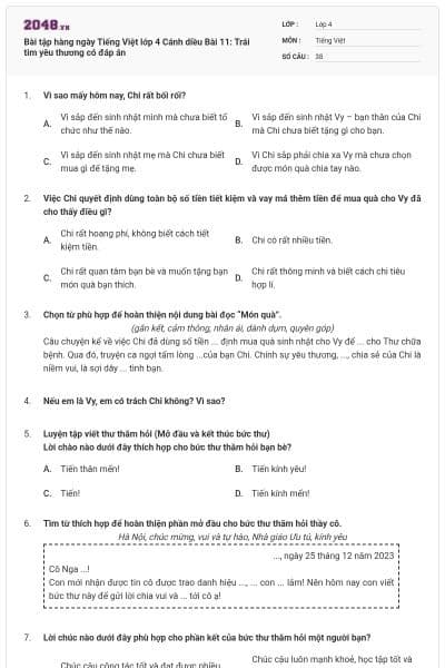 Bài tập hàng ngày Tiếng Việt lớp 4 Cánh diều Bài 11: Trái tim yêu thương có đáp án