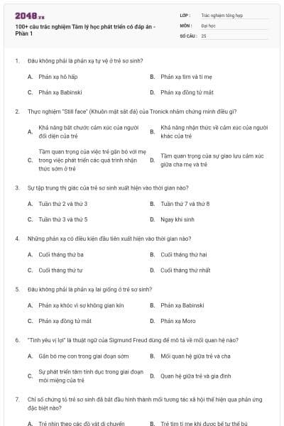 100+ câu trắc nghiệm Tâm lý học phát triển có đáp án - Phần 1