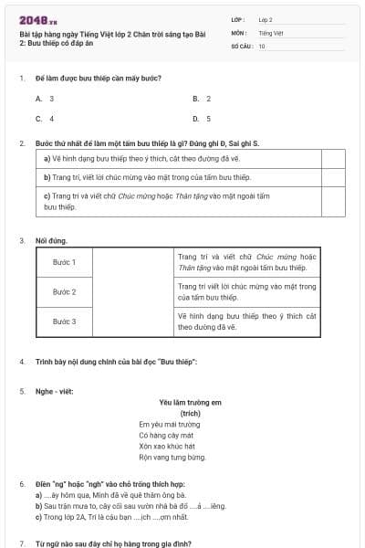 Bài tập hàng ngày Tiếng Việt lớp 2 Chân trời sáng tạo Bài 2: Bưu thiếp có đáp án