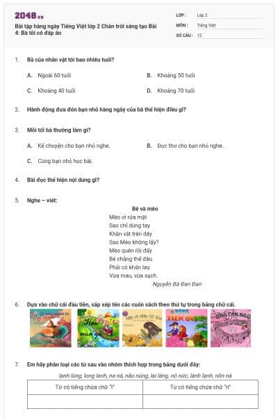 Bài tập hàng ngày Tiếng Việt lớp 2 Chân trời sáng tạo Bài 4: Bà tôi có đáp án