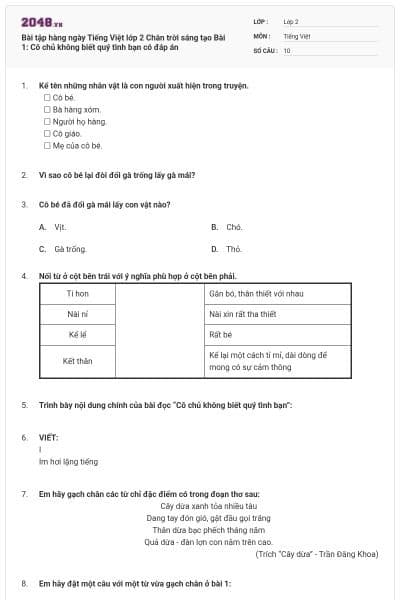 Bài tập hàng ngày Tiếng Việt lớp 2 Chân trời sáng tạo Bài 1: Cô chủ không biết quý tình bạn có đáp án