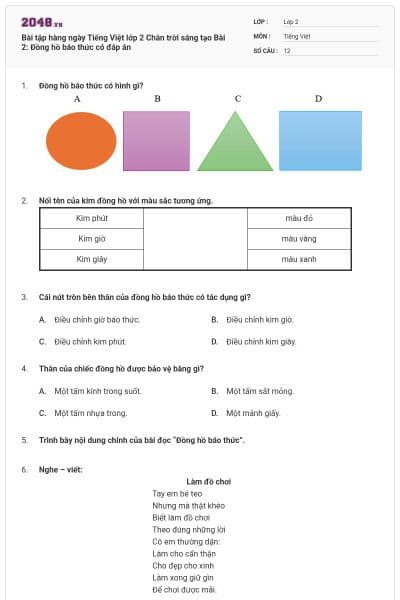 Bài tập hàng ngày Tiếng Việt lớp 2 Chân trời sáng tạo Bài 2: Đồng hồ báo thức có đáp án