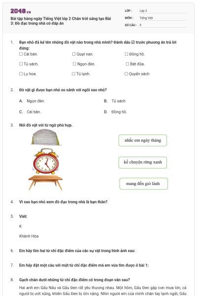 Bài tập hàng ngày Tiếng Việt lớp 2 Chân trời sáng tạo Bài 3: Đồ đạc trong nhà có đáp án