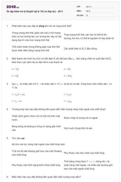 Ôn tập kiểm tra lý thuyết vật lý 10( có đáp án) - đề 5