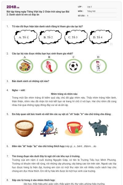 Bài tập hàng ngày Tiếng Việt lớp 2 Chân trời sáng tạo Bài 2: Danh sách tổ em có đáp án