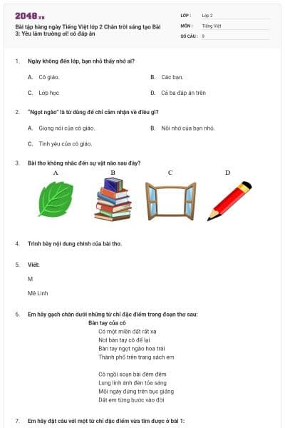Bài tập hàng ngày Tiếng Việt lớp 2 Chân trời sáng tạo Bài 3: Yêu lắm trường ơi! có đáp án