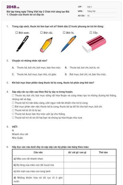 Bài tập hàng ngày Tiếng Việt lớp 2 Chân trời sáng tạo Bài 1: Chuyện của thước kẻ có đáp án