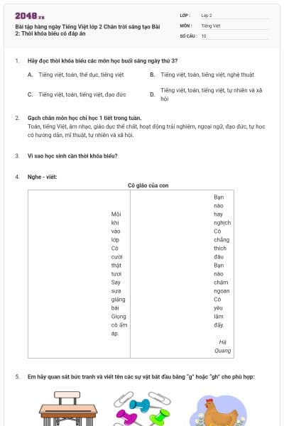 Bài tập hàng ngày Tiếng Việt lớp 2 Chân trời sáng tạo Bài 2: Thời khóa biểu có đáp án