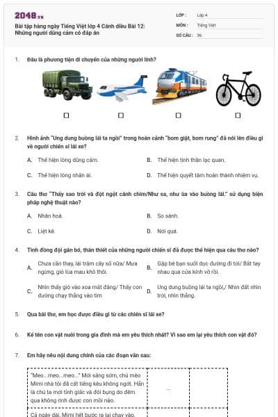 Bài tập hàng ngày Tiếng Việt lớp 4 Cánh diều Bài 12: Những người dũng cảm có đáp án