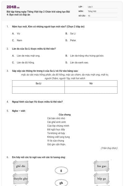 Bài tập hàng ngày Tiếng Việt lớp 2 Chân trời sáng tạo Bài 4: Bạn mới có đáp án