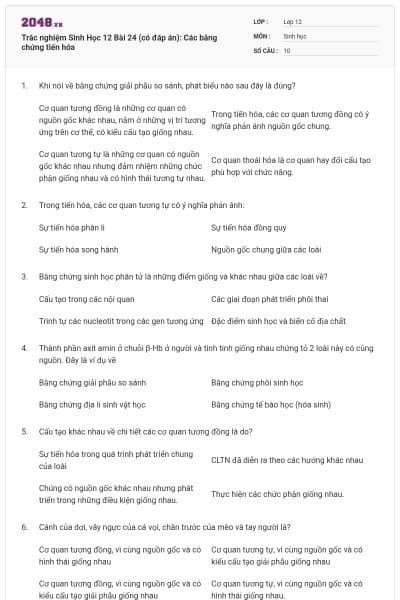 Trắc nghiệm Sinh Học 12 Bài 24 (có đáp án): Các bằng chứng tiến hóa