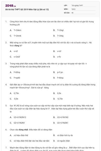 Đề thi thử THPT QG 2019 Môn Vật Lý (Đề số 13)