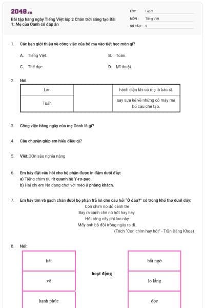 Bài tập hàng ngày Tiếng Việt lớp 2 Chân trời sáng tạo Bài 1: Mẹ của Oanh có đáp án