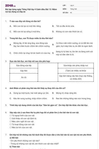 Bài tập hàng ngày Tiếng Việt lớp 4 Cánh diều Bài 13: Niềm vui lao động có đáp án