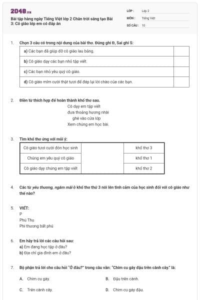 Bài tập hàng ngày Tiếng Việt lớp 2 Chân trời sáng tạo Bài 3: Cô giáo lớp em có đáp án