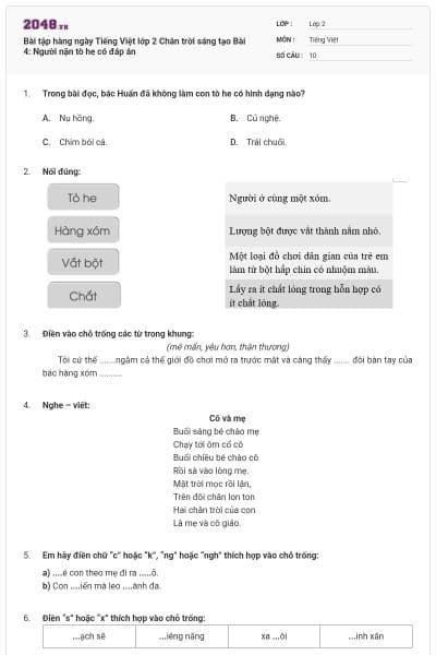 Bài tập hàng ngày Tiếng Việt lớp 2 Chân trời sáng tạo Bài 4: Người nặn tò he có đáp án