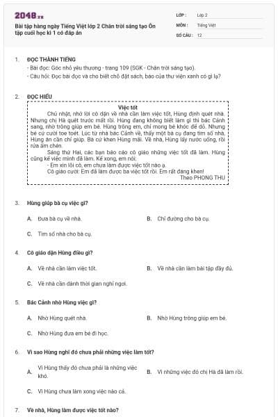 Bài tập hàng ngày Tiếng Việt lớp 2 Chân trời sáng tạo Ôn tập cuối học kì 1 có đáp án