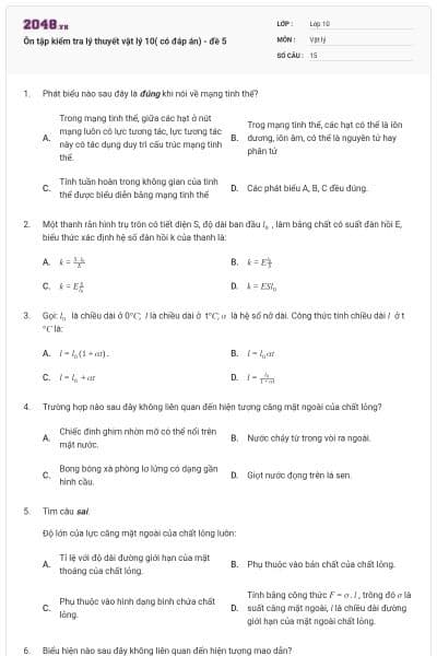 Ôn tập kiểm tra lý thuyết vật lý 10( có đáp án) - đề 5