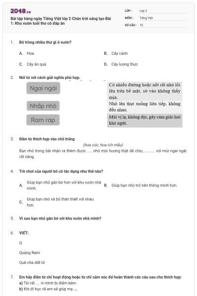 Bài tập hàng ngày Tiếng Việt lớp 2 Chân trời sáng tạo Bài 1: Khu vườn tuổi thơ có đáp án