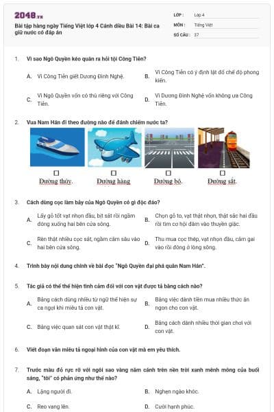 Bài tập hàng ngày Tiếng Việt lớp 4 Cánh diều Bài 14: Bài ca giữ nước có đáp án
